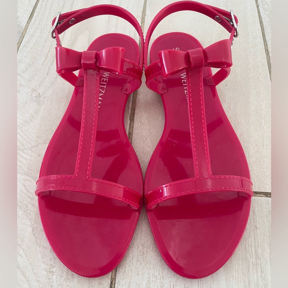 STUART WEITZMAN MELLIE HOT PINK BOW JELLY T-Strap Slingback Sandals Sz 9